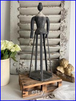 Antique hand carved wooden cage doll, vintage hand painted grey blue wood mannequin with articulated arms and hands, nursery room décor