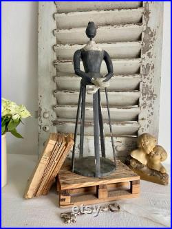Antique hand carved wooden cage doll, vintage hand painted grey blue wood mannequin with articulated arms and hands, nursery room décor