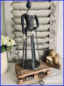 Antique hand carved wooden cage doll, vintage hand painted grey blue wood mannequin with articulated arms and hands, nursery room décor