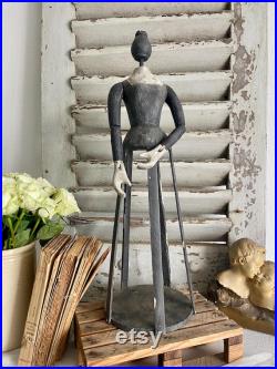 Antique hand carved wooden cage doll, vintage hand painted grey blue wood mannequin with articulated arms and hands, nursery room décor