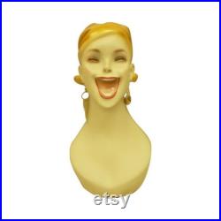 Artistic Vintage Fiberglass Adult Female Smiling Costume Mannequin Head with Golden Yellow Molded Hair (2 Pack) Y5G