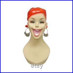 Artistic Vintage Fiberglass Adult Female Smiling Costume Mannequin Head with Red Molded Hair (2 Pack) Y5