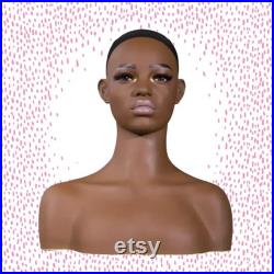 Beautiful African Female Mannequin Head, Chest and Shoulders Wig Display Pierced Ears and Hair Net NEW
