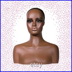 Beautiful African Female Mannequin Head, Chest and Shoulders Wig Display Pierced Ears and Hair Net NEW B01