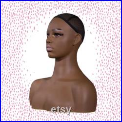 Beautiful African Female Mannequin Head, Chest and Shoulders Wig Display Pierced Ears and Hair Net NEW