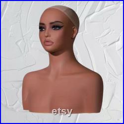 Beautiful Latina Female Mannequin Head, Chest and Shoulders Wig Display Pierced Ears and Hair Net NEW B02