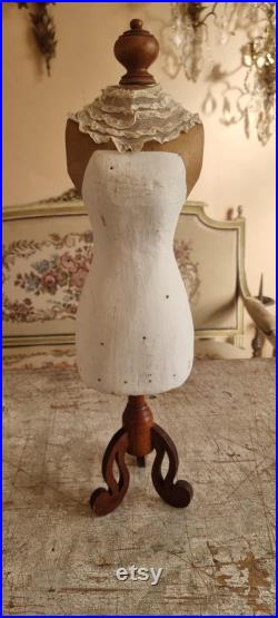 Beautifull Doll size manequeen made from Papier mache on wooden stand with lovely French antique lace collar
