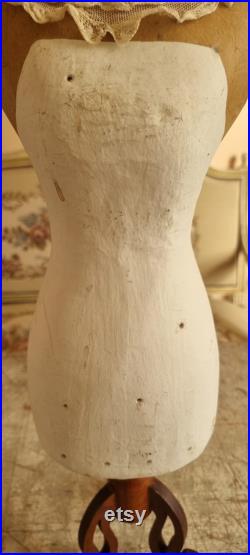 Beautifull Doll size manequeen made from Papier mache on wooden stand with lovely French antique lace collar