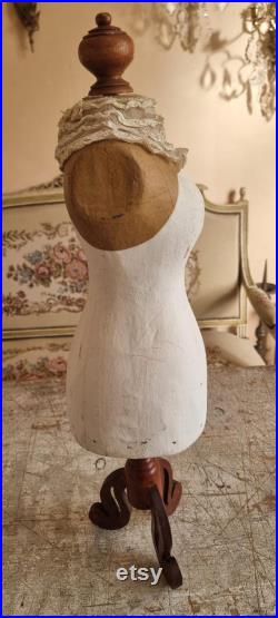 Beautifull Doll size manequeen made from Papier mache on wooden stand with lovely French antique lace collar