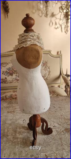Beautifull Doll size manequeen made from Papier mache on wooden stand with lovely French antique lace collar