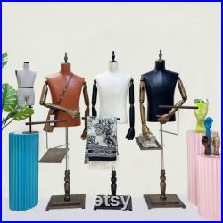 Black Leather White Linen Male Half Body Mannequin,Men Mannequin Torso with Rack,Fashion Body Model for Clothes Boutique Window Display