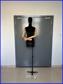 Black Tripod Base Hanging Wooden Arms Black Velvet Female Mannequin Dress Form Helga