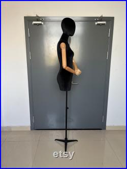 Black Tripod Base Hanging Wooden Arms Black Velvet Female Mannequin Dress Form Helga