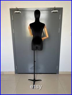 Black Tripod Base Hanging Wooden Arms Black Velvet Female Mannequin Dress Form Helga