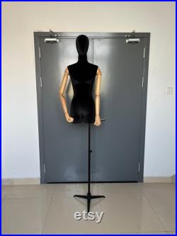 Black Tripod Base Hanging Wooden Arms Black Velvet Female Mannequin Dress Form Helga