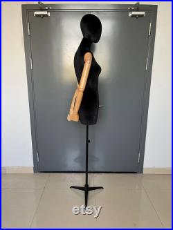 Black Tripod Base Hanging Wooden Arms Black Velvet Female Mannequin Dress Form Helga