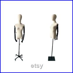 Black Wheel Base Black Wooden Arms Linen Female Mannequin Dress Form Blake