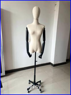 Black Wheel Base Black Wooden Arms Linen Female Mannequin Dress Form Blake