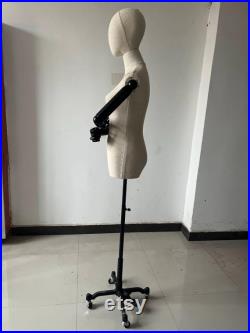 Black Wheel Base Black Wooden Arms Linen Female Mannequin Dress Form Blake