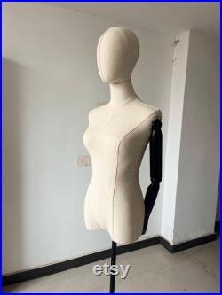 Black Wheel Base Black Wooden Arms Linen Female Mannequin Dress Form Blake
