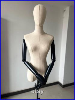 Black Wheel Base Black Wooden Arms Linen Female Mannequin Dress Form Blake