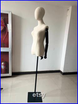 Black Wheel Base Black Wooden Arms Linen Female Mannequin Dress Form Blake