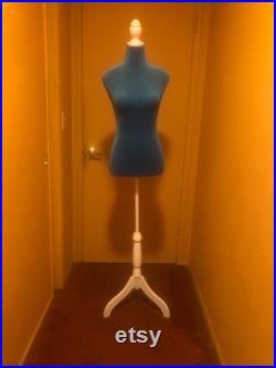 Blue Mannequin Torso with Adjustable White Wood Base