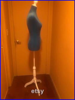 Blue Mannequin Torso with Adjustable White Wood Base