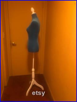 Blue Mannequin Torso with Adjustable White Wood Base