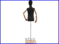 Child Display Dress Form in Black Jersey on Modern Wood Flat Base by TSC (Arms and Head Edition)