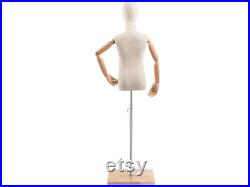Child Display Dress Form in Natural Canvas on Modern Wood Flat Base by TSC (Arms and Head Edition)