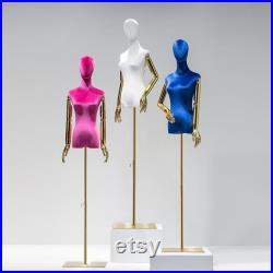 Clearance Sale Female Velvet Display Mannequin, Colorful velvet suede dress form for window display, rose red mannequin with golden arm