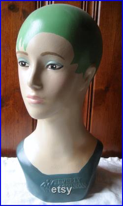 Contemporary Pixie Cut Mannequin Head Millinery Hat Stand Artist Painted Custom Milliner's Mannequin Shop Photo Prop Green Hair