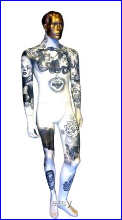 Custom Full Size Male Standing Pop Art Tattooed Mannequin Art Sculpture With Gold Face and Marilyn Monroe Tattoo
