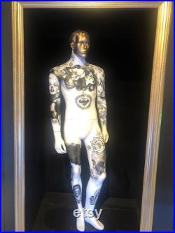 Custom Full Size Male Standing Pop Art Tattooed Mannequin Art Sculpture With Gold Face and Marilyn Monroe Tattoo