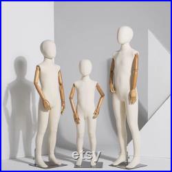 DE-LIANG Children's Full Body Mannequin, Child with Wooden Hands wrapping Full Body Cotton Linen Fabric, Silver Base,Tennager Mannequin 1pcs