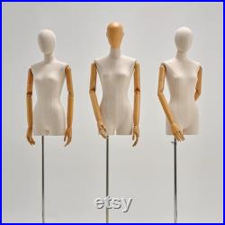 DE-LIANG Female Half Body Mannequin,Linen Display Mannequin with Wooden Head Model for Fashion Cloth Dressmaker Dummy,Model Props Shot Dummy