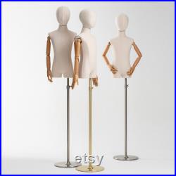 DE-LIANG Luxury Kids Mannequin with Wooden Arms, Canvas Fabric SML size Child Half Body Dress Form Model for Cloth Display, Bamboo Linen