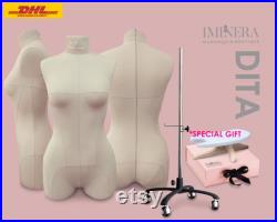 DITA Soft pinnable dress form with adjustable metal sturdy rolling stand and rotation stabilizer PADs for body correction