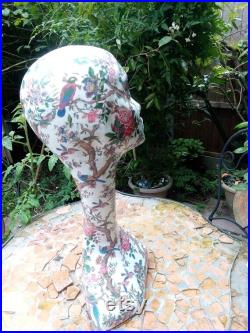 Decoupage female mannequin head hats, jewellery wig display Chinese exotic birds tree William Turner V and A museum swan neck, poly, styrofoam