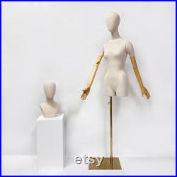 Display Mannequin Torso High Quality, Bamboo arms, Wedding Dress, Vitrines, Female Display, Linen fabric Clothing Showroom Luxury Equipment