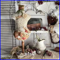 Dress Form Antique Lace Floral Ticking 27 T Spindle Plinth Block Base Shabby White Cottage Antique Vintage Farmhouse Home Decor Handmade