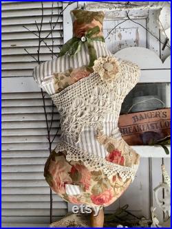 Dress Form Antique Lace Floral Ticking 27 T Spindle Plinth Block Base Shabby White Cottage Antique Vintage Farmhouse Home Decor Handmade