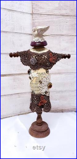 Dress Form,Jewelry Stand,Bronze,Rusty,Crochet, Rhinestones,Jewelry Destash,Repurposed, Manniquin, Spiritual, Dove