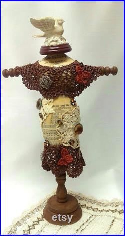 Dress Form,Jewelry Stand,Bronze,Rusty,Crochet, Rhinestones,Jewelry Destash,Repurposed, Manniquin, Spiritual, Dove