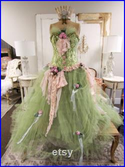 Dress Form Mannequin vintage altered with crown and fancy gown created while on the body using many fabric lace pieces Anita Spero Design