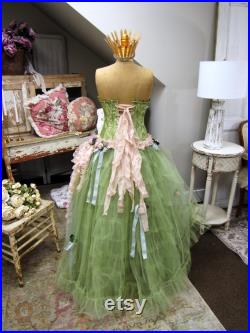 Dress Form Mannequin vintage altered with crown and fancy gown created while on the body using many fabric lace pieces Anita Spero Design
