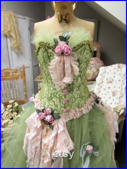 Dress Form Mannequin vintage altered with crown and fancy gown created while on the body using many fabric lace pieces Anita Spero Design