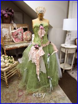 Dress Form Mannequin vintage altered with crown and fancy gown created while on the body using many fabric lace pieces Anita Spero Design