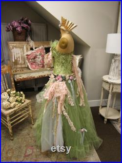 Dress Form Mannequin vintage altered with crown and fancy gown created while on the body using many fabric lace pieces Anita Spero Design